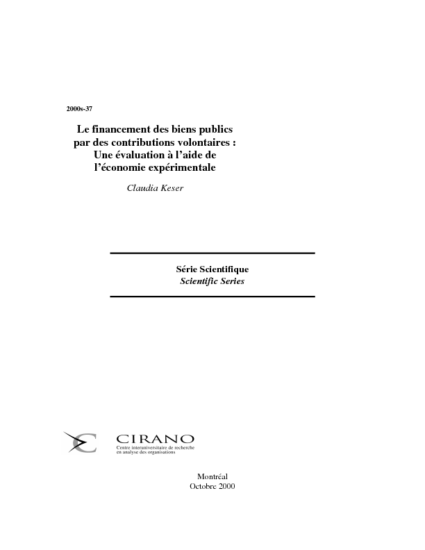 Le financement des biens publics par des contributions volontaires: Une évaluation à l