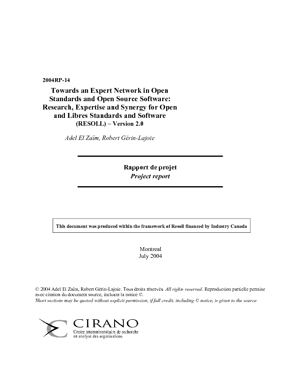 Towards an Expert Network in Open Standards and Open Source Software: Research, Expertise and Synergy for Open and Libres Standards and Software (RESOLL) - Version 2.0
