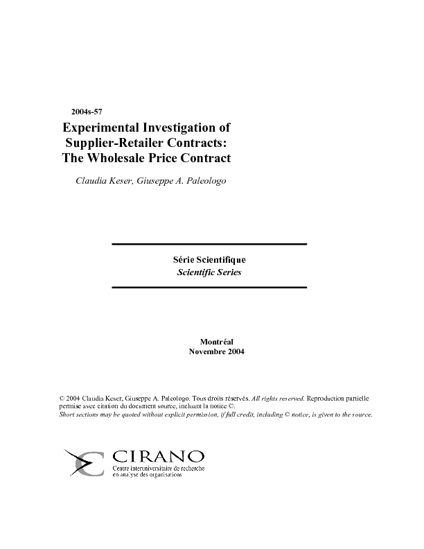 Experimental Investigation of Supplier-Retailer Contracts: The Wholesale Price Contract